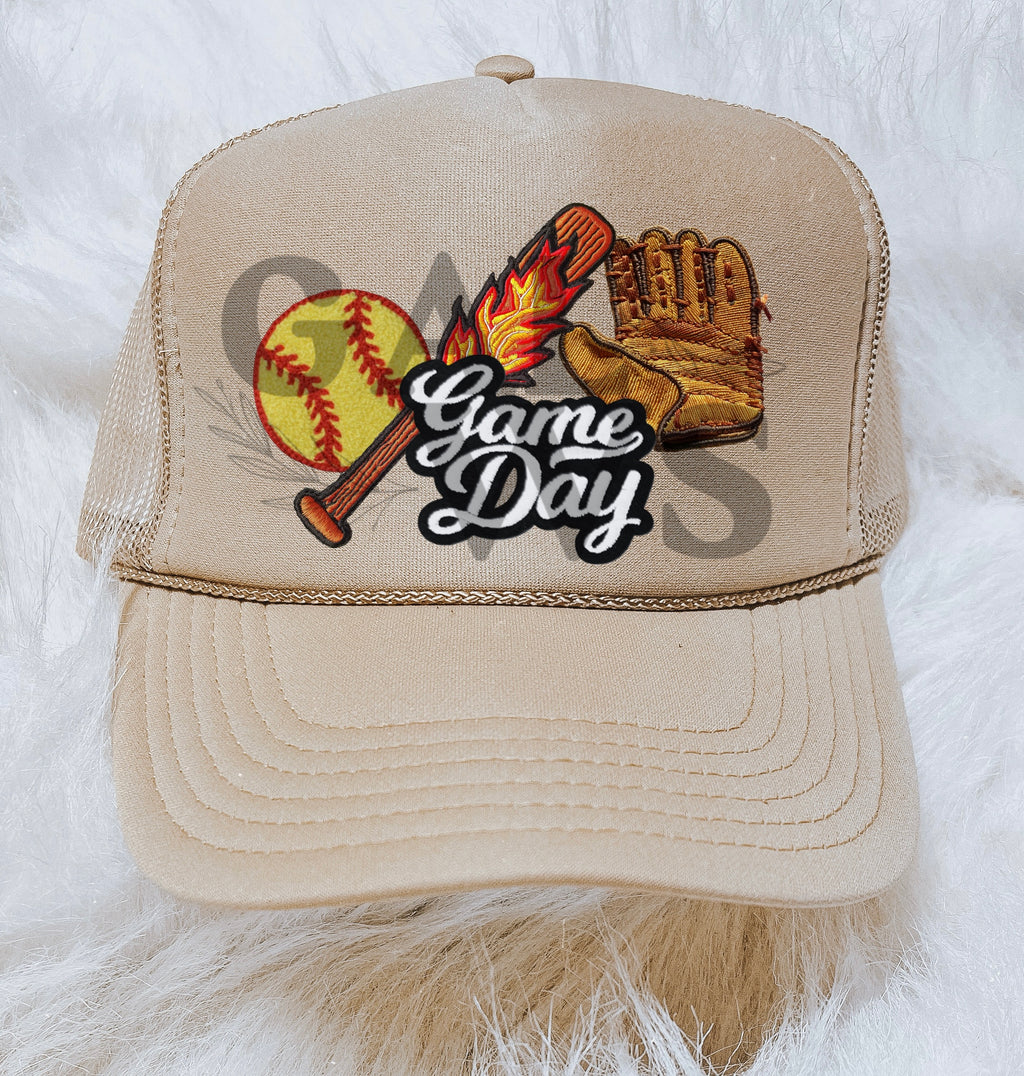Game day softball sand trucker hat faux embroidery patches
