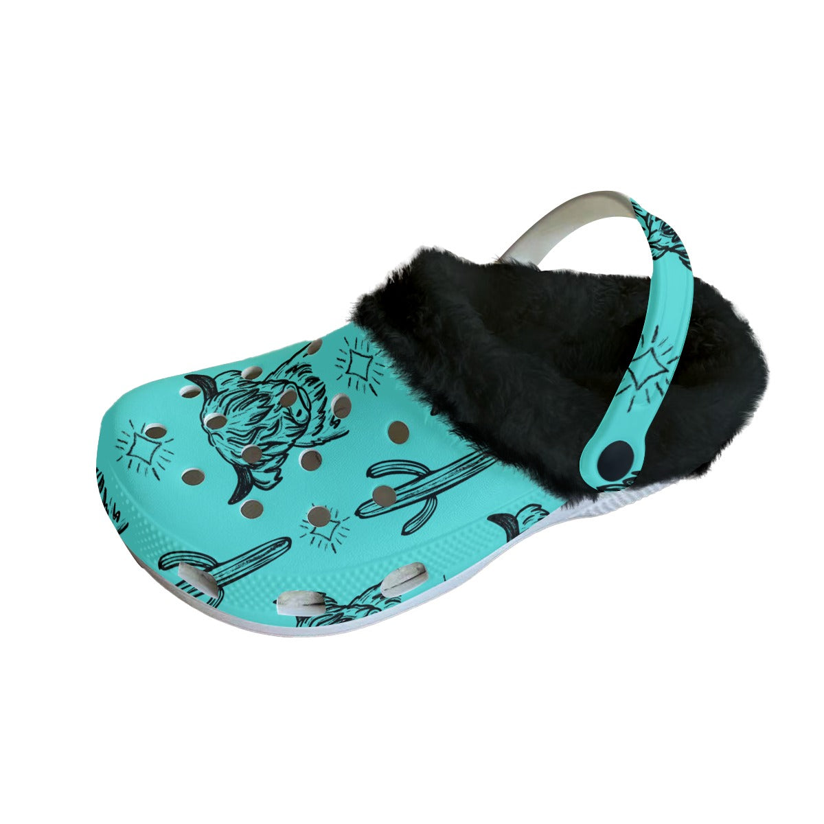 Turquoise & black highland cow Women's Classic Clogs with Fleece 15-20 Business day turnaround time