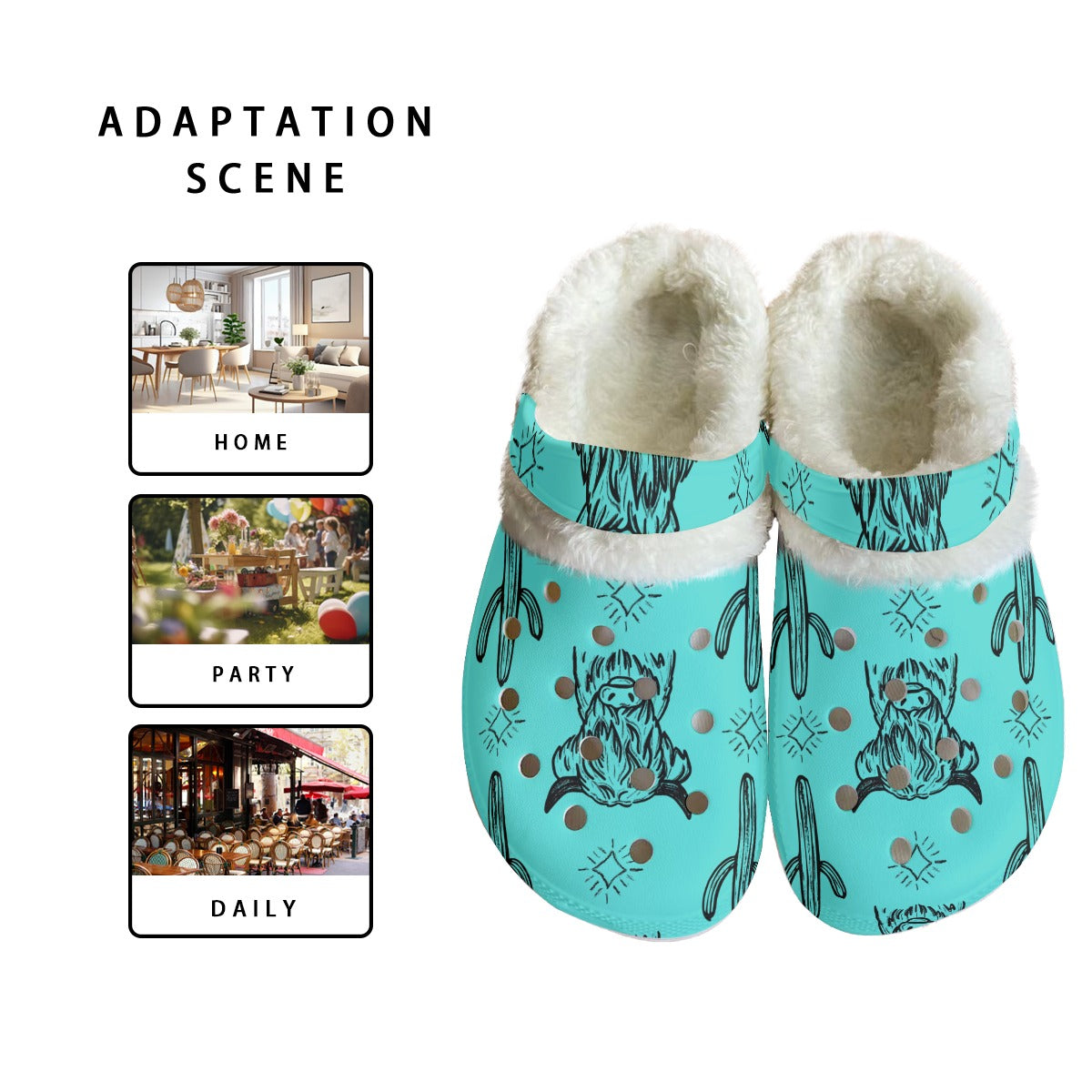 Turquoise & black highland cow Women's Classic Clogs with Fleece 15-20 Business day turnaround time