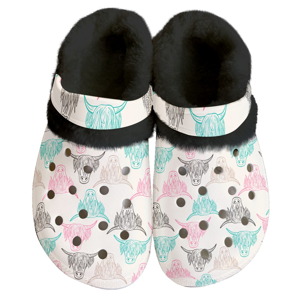 Pastel turquoise, pink, & black highland cow Women's Classic Clogs with Fleece