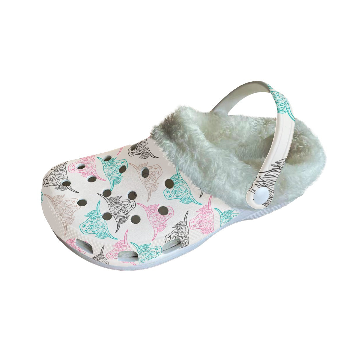 Pastel turquoise, pink, & black highland cow Women's Classic Clogs with Fleece