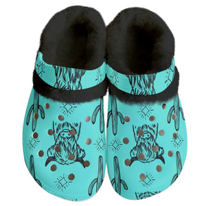 Turquoise & black highland cow Women's Classic Clogs with Fleece 15-20 Business day turnaround time