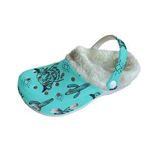 Turquoise & black highland cow Women's Classic Clogs with Fleece 15-20 Business day turnaround time