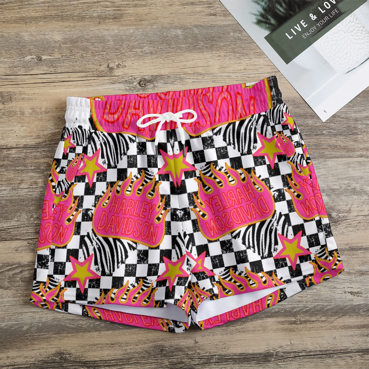 Hot pink flame motor cycle checker Shorts