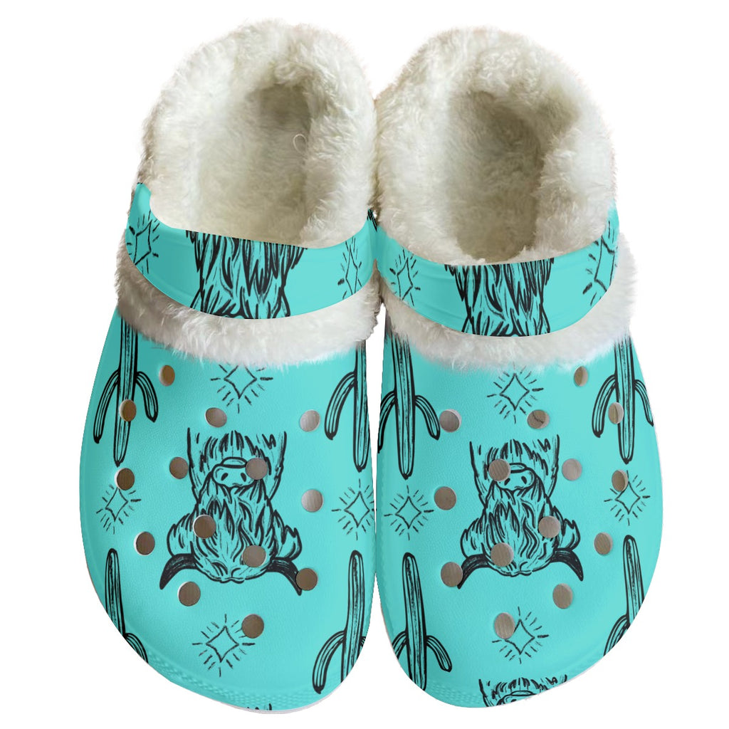 Turquoise & black highland cow Women's Classic Clogs with Fleece 15-20 Business day turnaround time