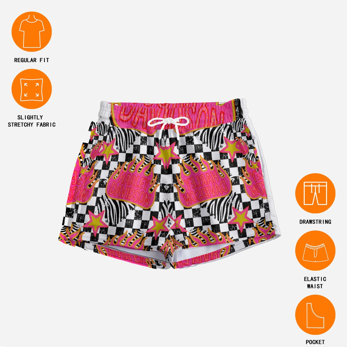 Hot pink flame motor cycle checker Shorts