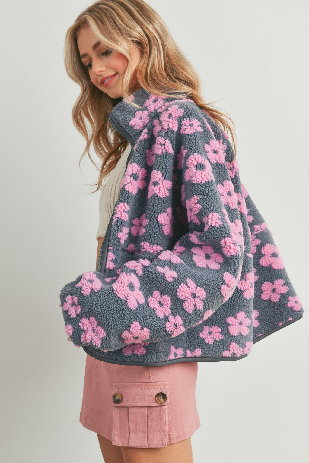 Grey pink floral sherpa jacket
