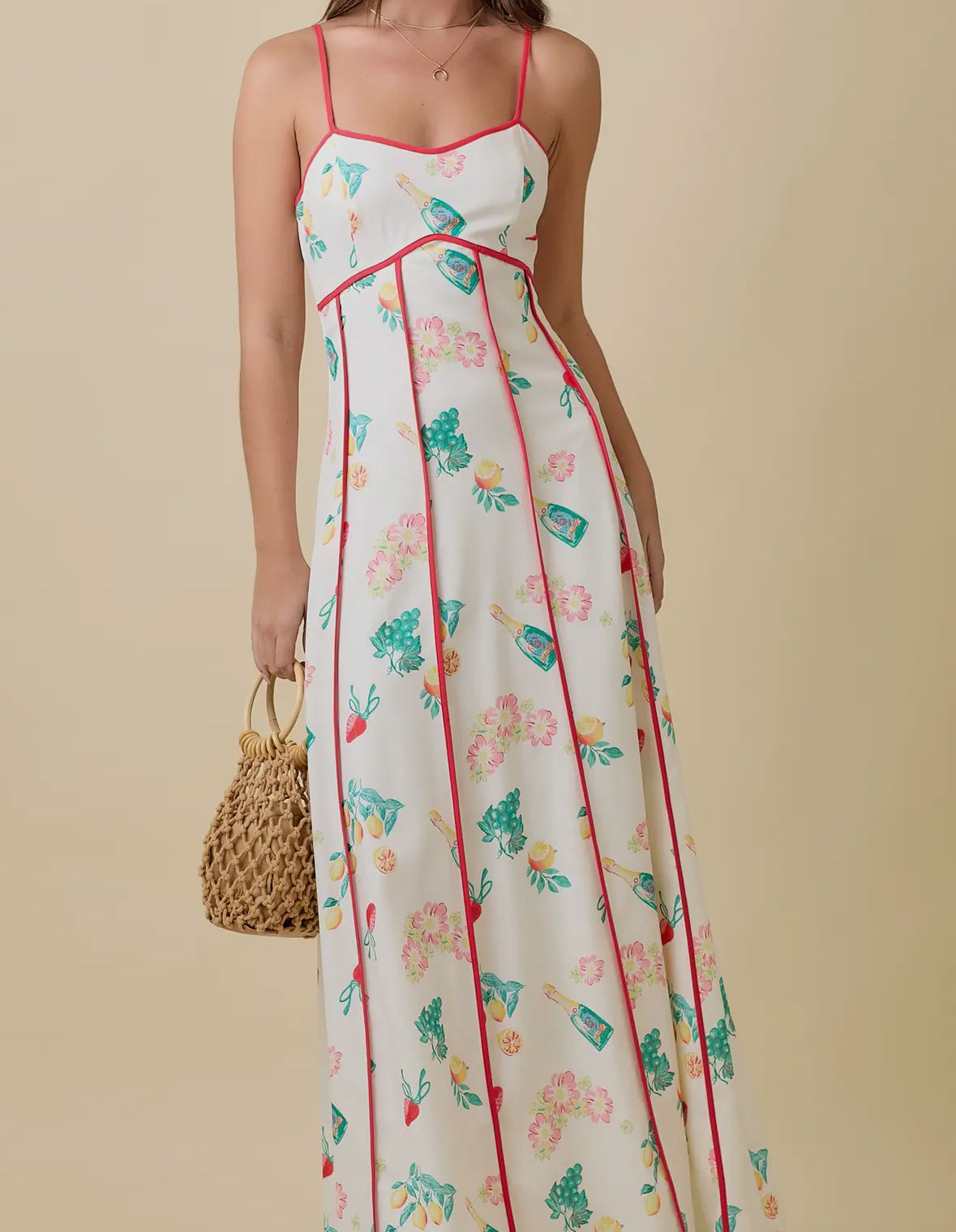 Vintage maxi summer dress with fruits, florals, & champagne bottles