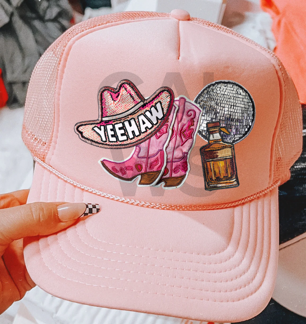 Yeehaw pink disco ball whiskey pink faux embroidery patches trucker hat
