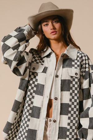 Mixed checker print washed corduroy shacket