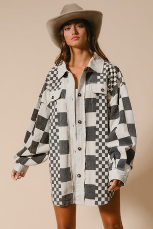 Mixed checker print washed corduroy shacket