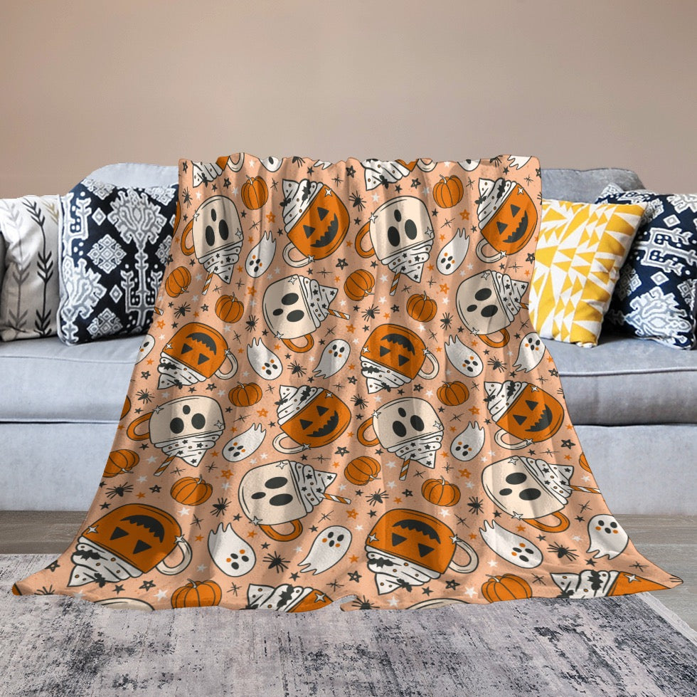 Pumpkin & Ghost whipped mug Ultra-Soft Flannel Blanket  (20 Business day turnaround time)