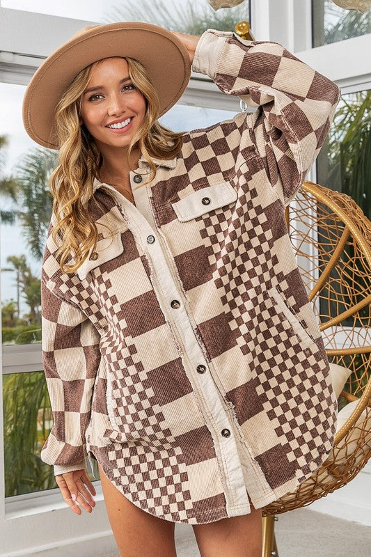 Mixed checker print washed corduroy shacket