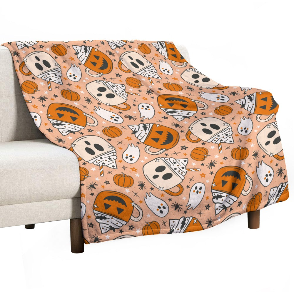 Pumpkin & Ghost whipped mug Ultra-Soft Flannel Blanket  (20 Business day turnaround time)