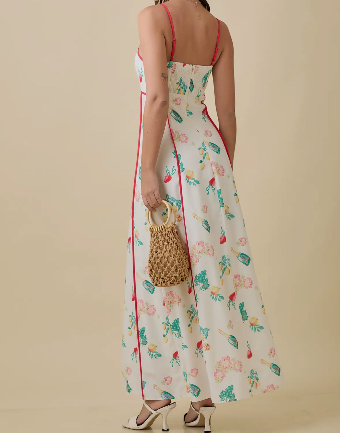 Vintage maxi summer dress with fruits, florals, & champagne bottles