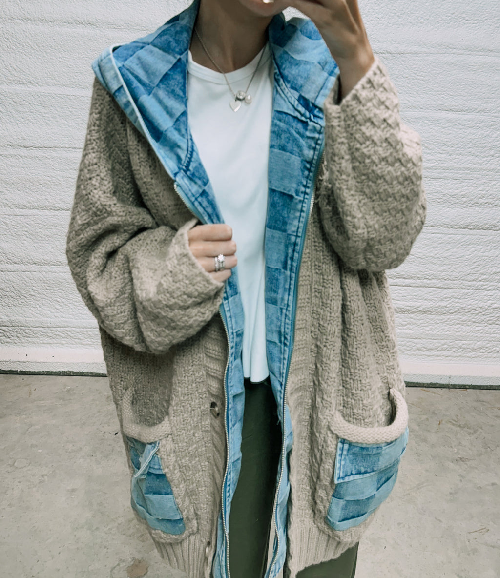 Latte checker denim sweater cardigan