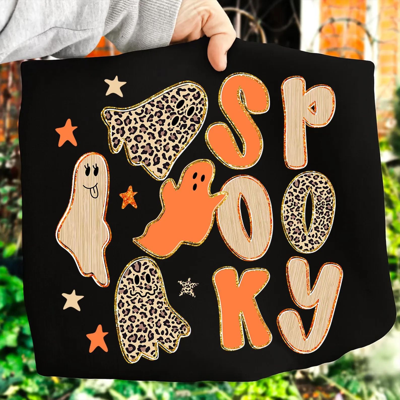 Spooky leopard and orange ghost tee or sweatshirt