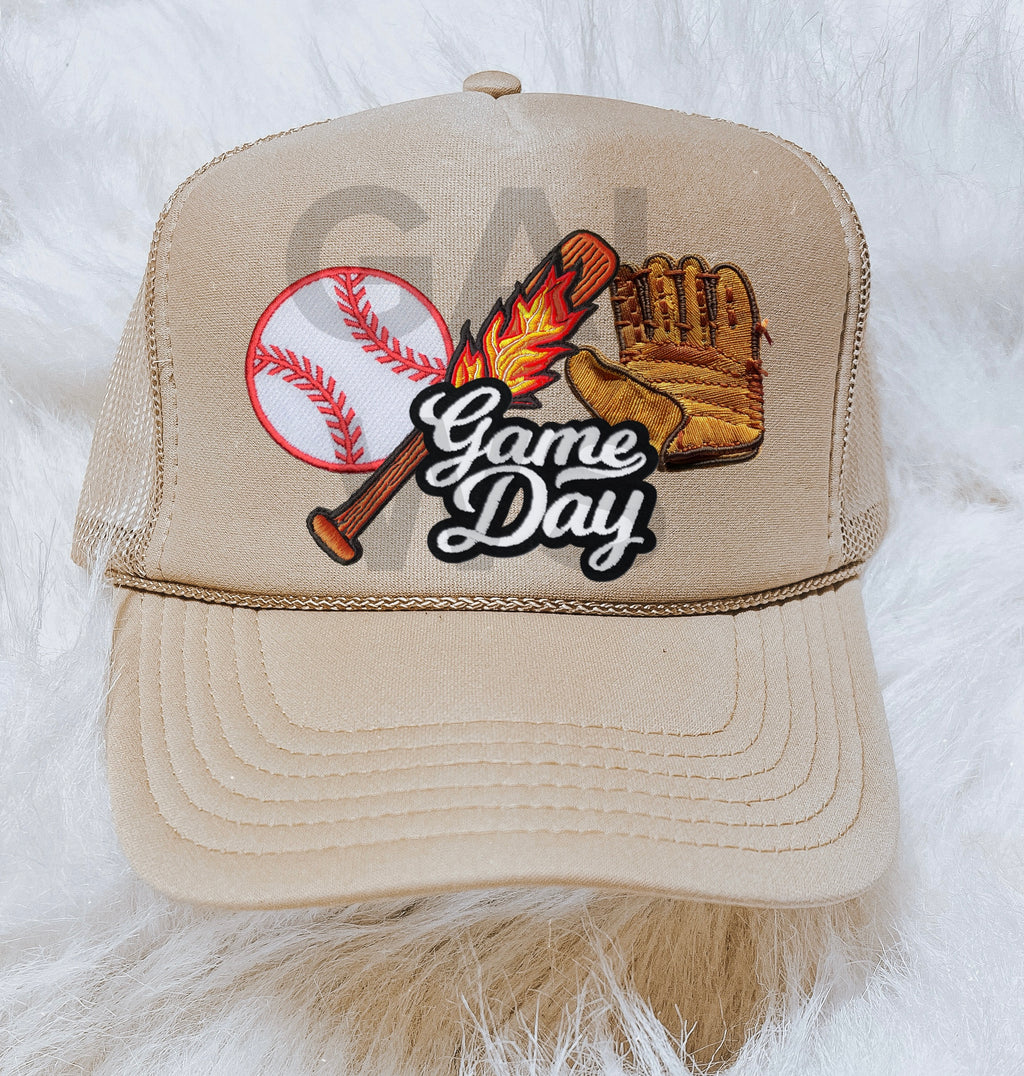 Game day baseball trucker hat faux embroidery patches