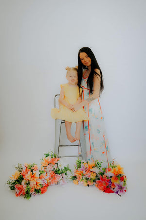Vintage maxi summer dress with fruits, florals, & champagne bottles