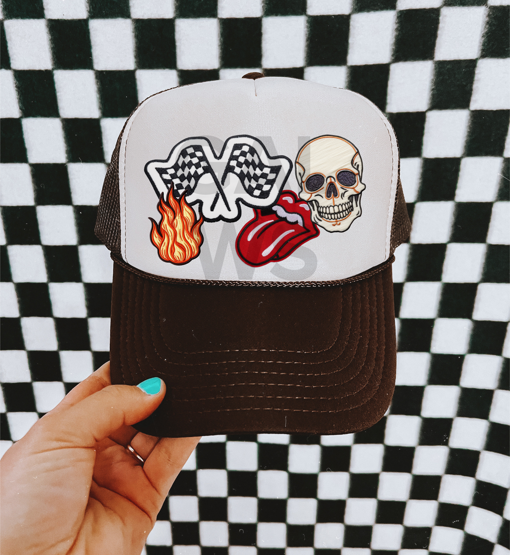 Edgy racing flags skull fire faux embroidered trucker hat