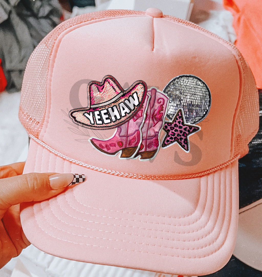 Yeehaw none Whiskey version pink trucker hat faux embroidery patches
