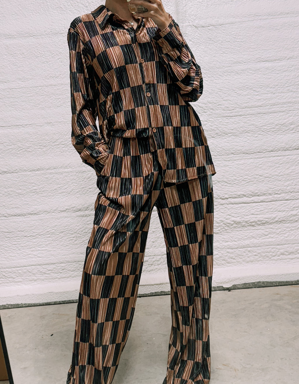 Brown & black checker pleated long sleeve & pants set