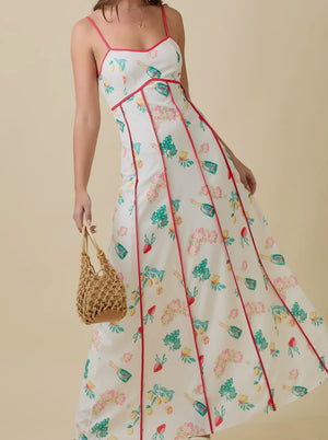 Vintage maxi summer dress with fruits, florals, & champagne bottles