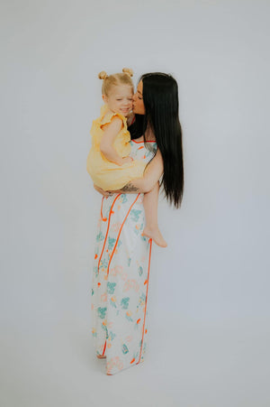 Vintage maxi summer dress with fruits, florals, & champagne bottles