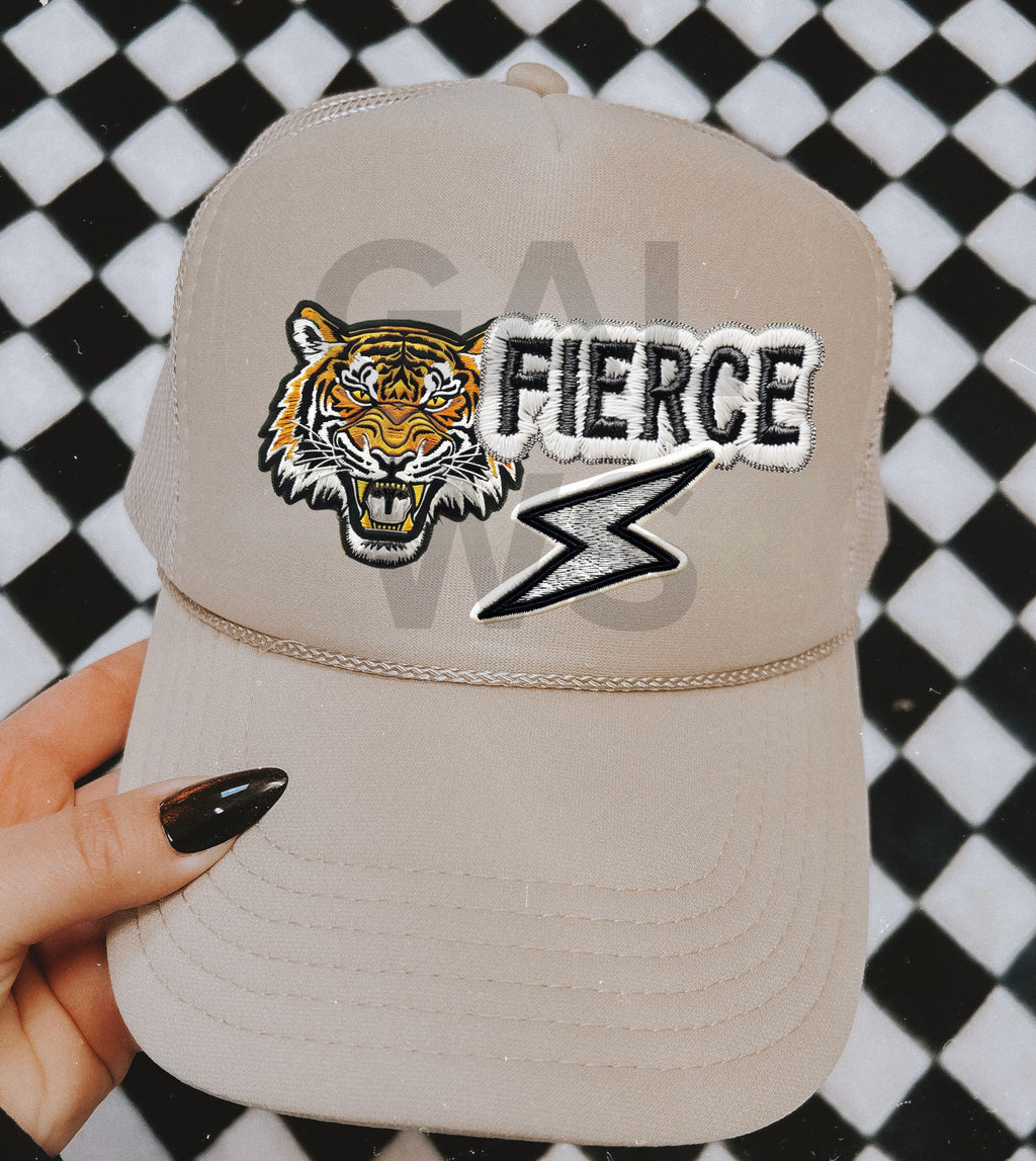 Fierce tiger, lightning bolt trucker hat faux embroidery patches