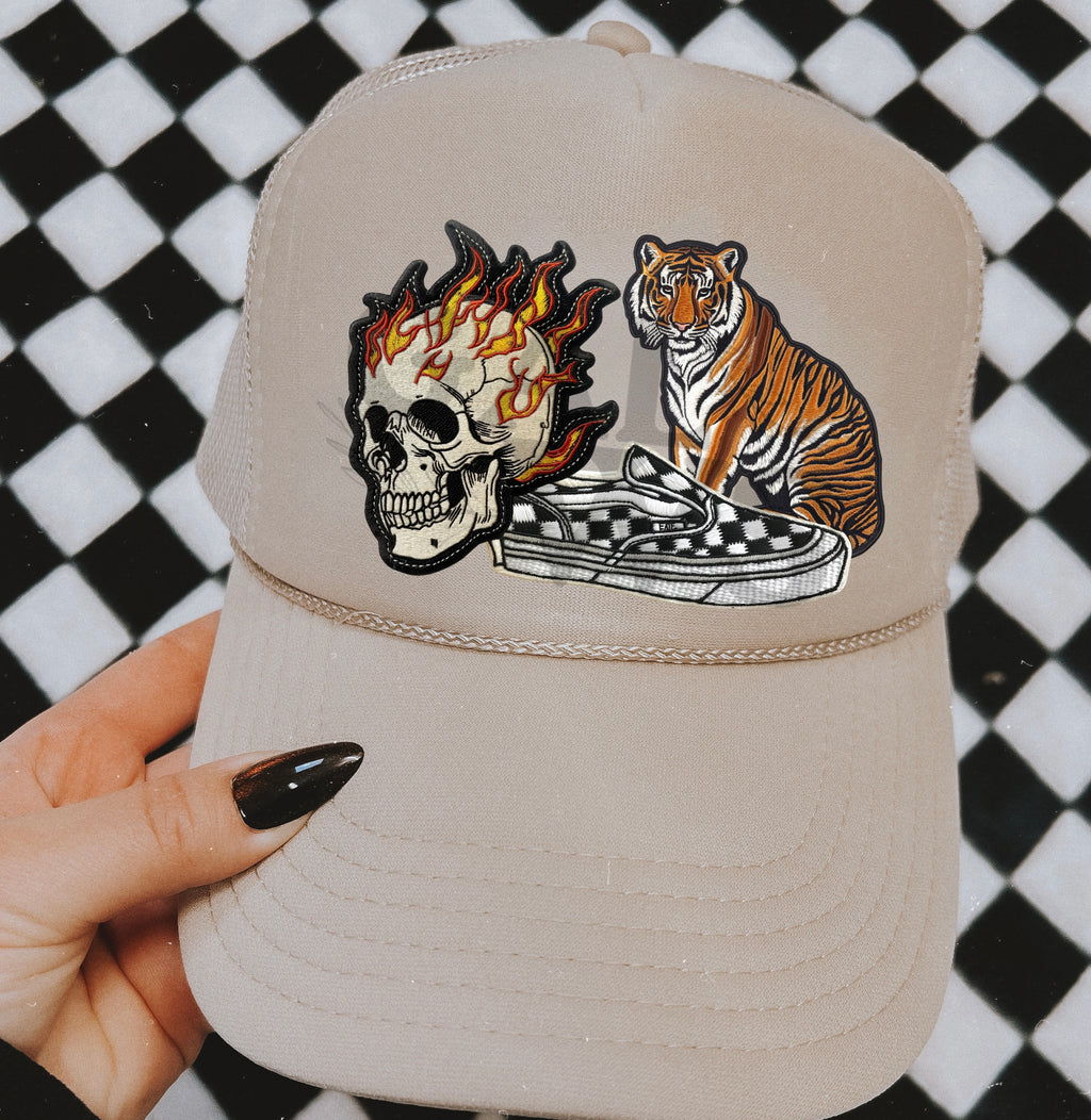 Edgy checkered sneaker sand trucker hat faux embroidery patches