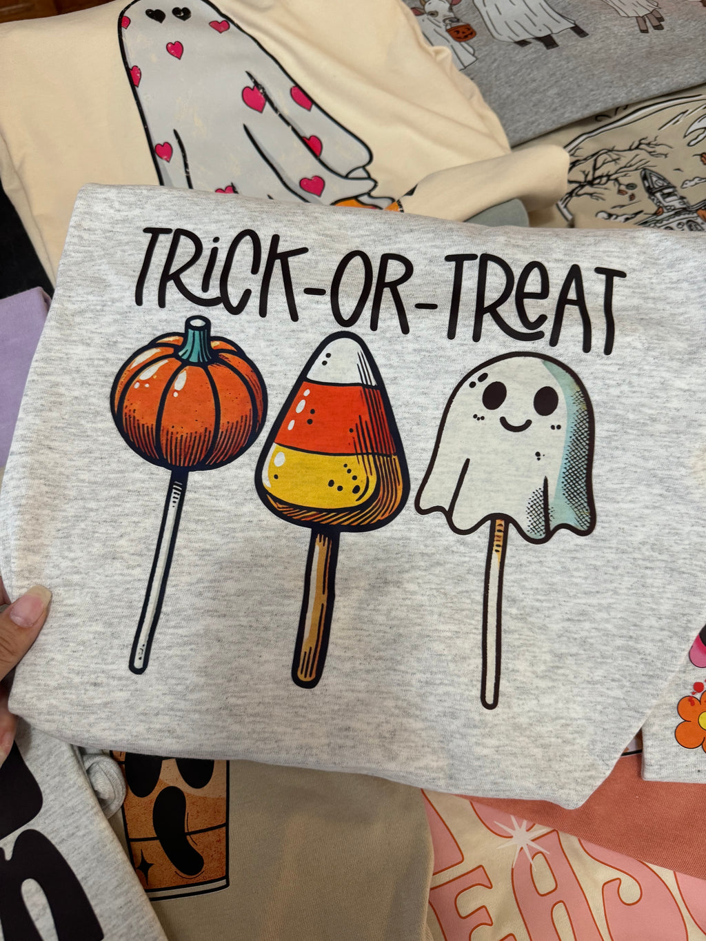 Trick or treat lollipop tee & sweatshirt