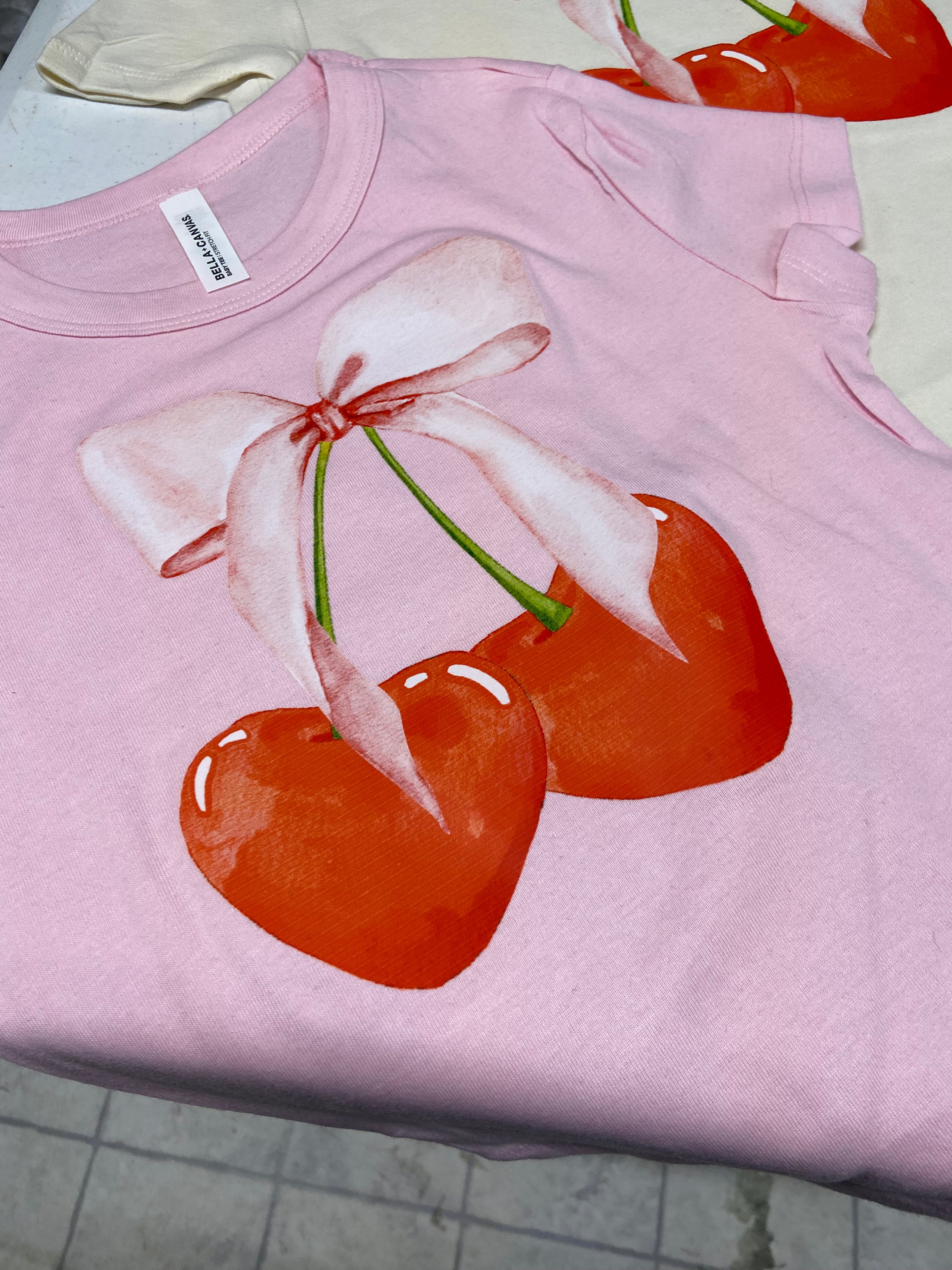 Trendy Cherry Soft Girl Era Pink Bow Aesthetic coquette  ribbed cropped baby tee women's sizing