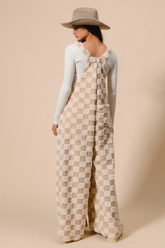 Cozy checker Sherpa wide leg overalls