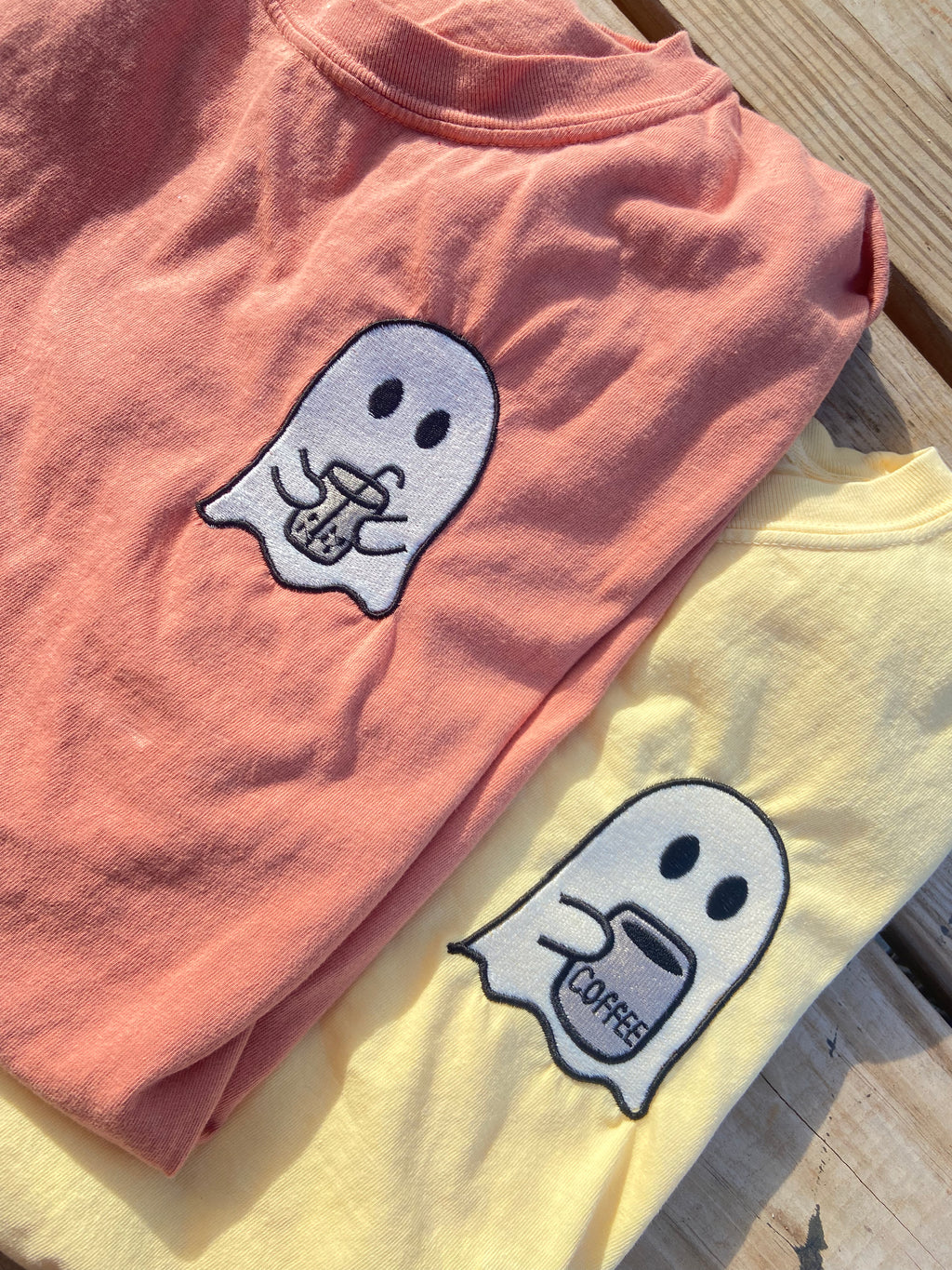 Comfort colors embroidered coffee ghost tees