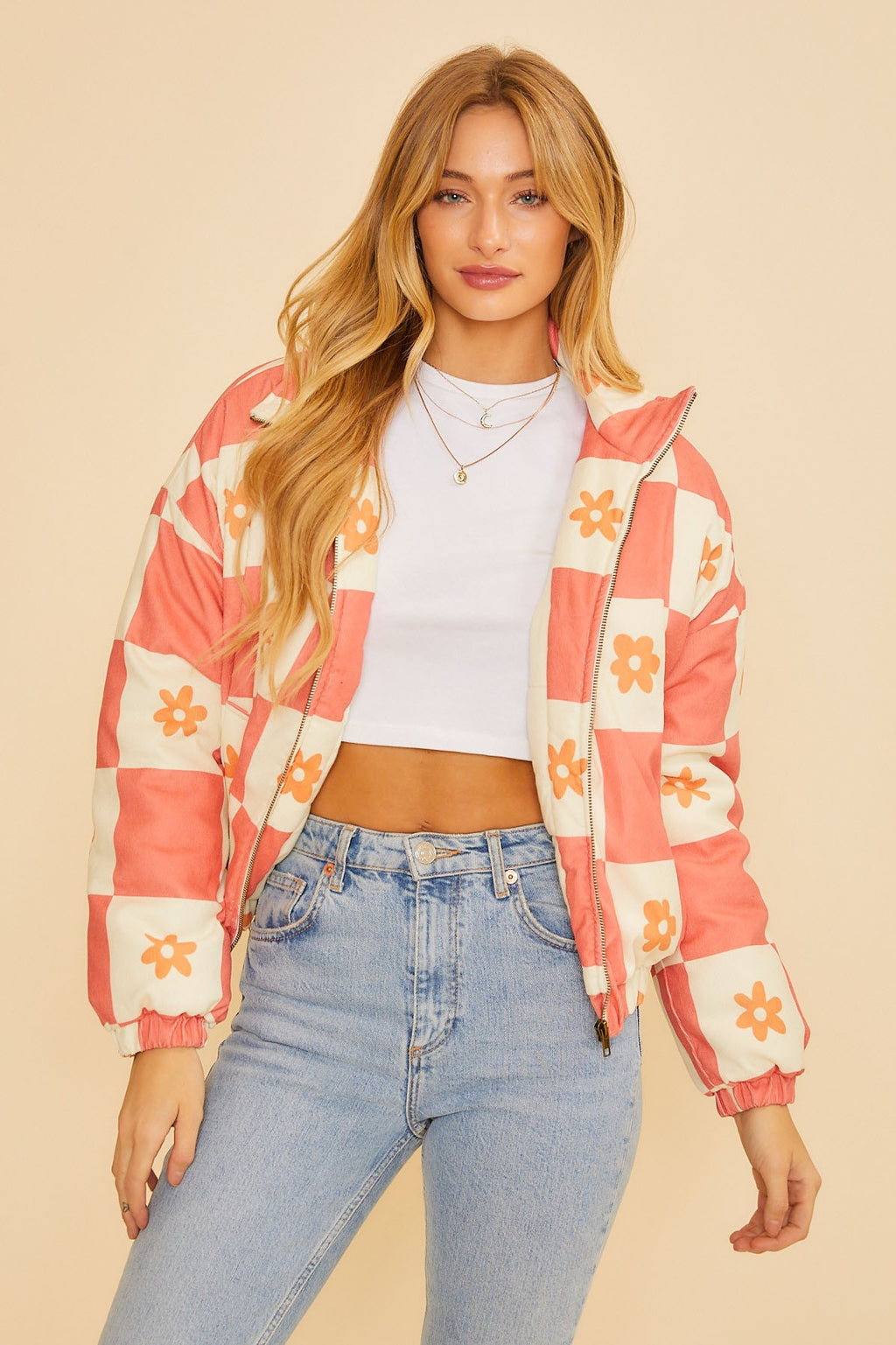 Retro checkered floral puffer jacket