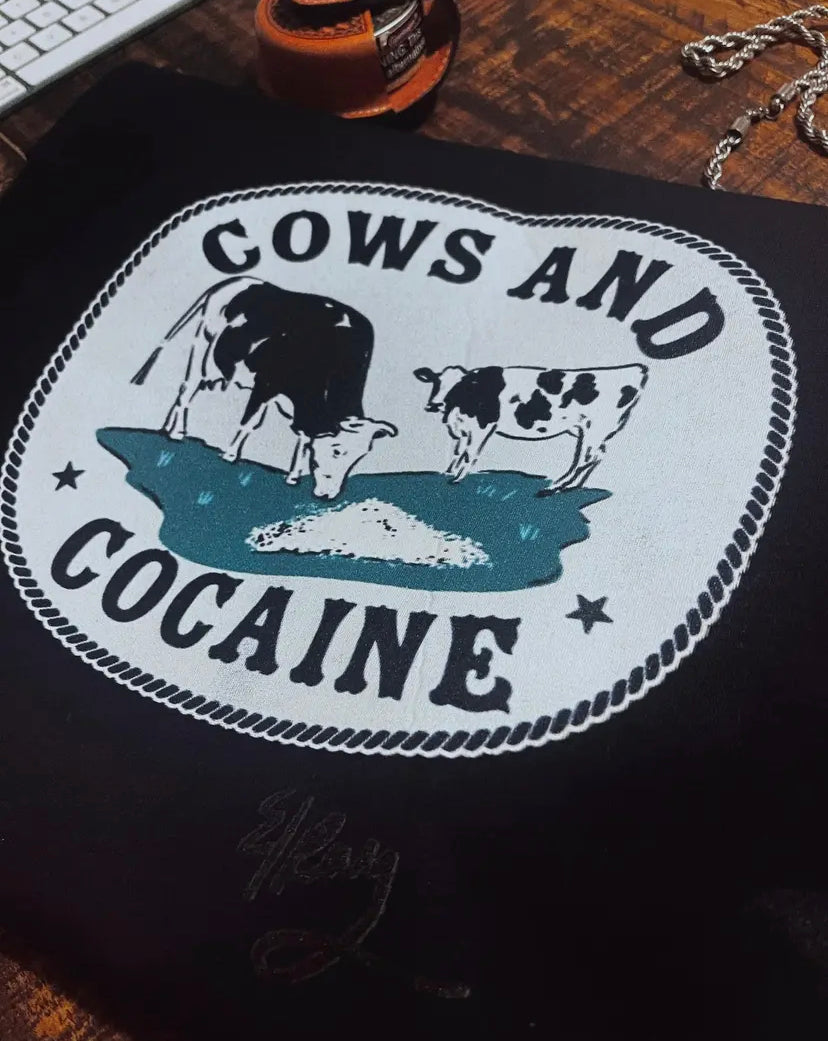 Cows and Cocaine black tee PRE ORDER (ETA end of January)