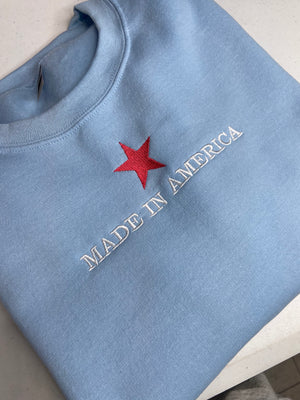 Made in America light blue embroidered design