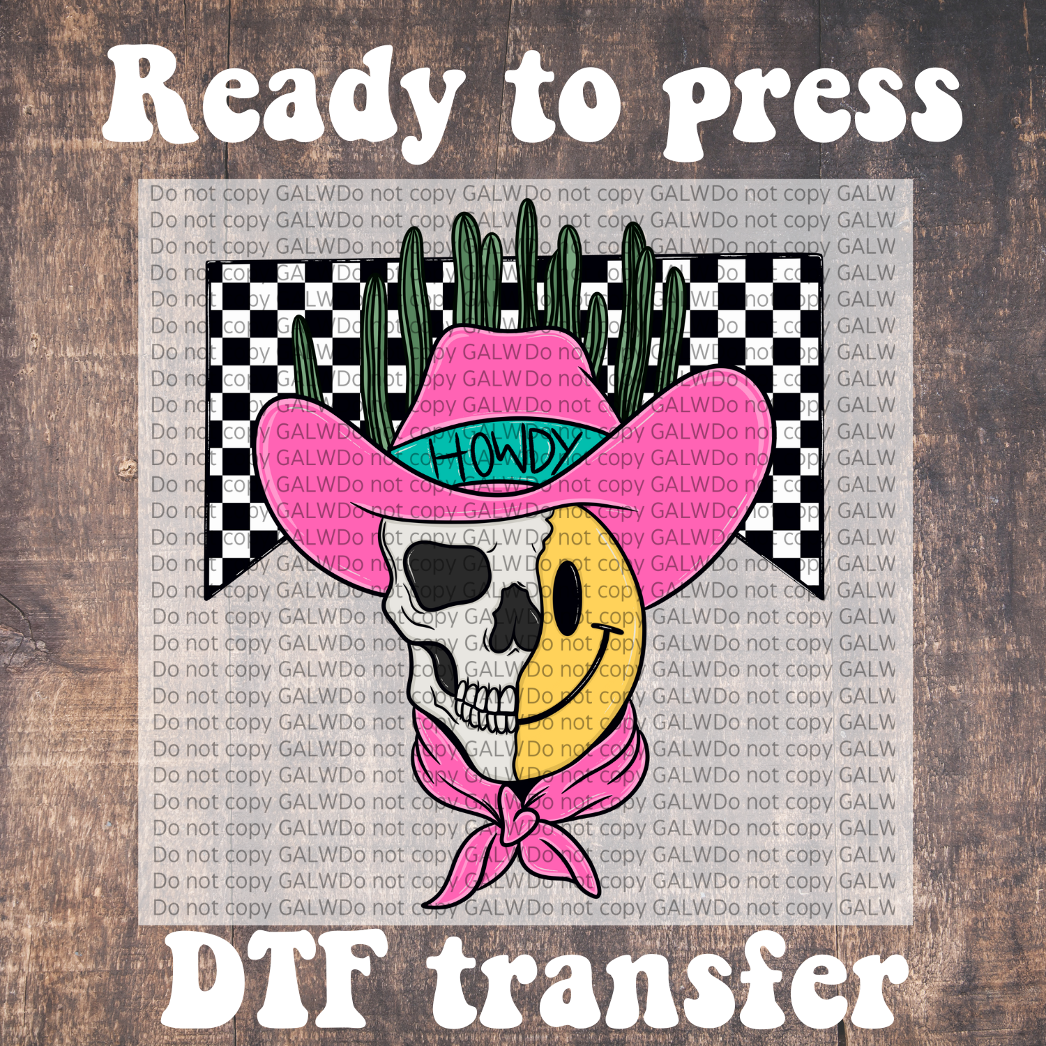 Skull face checker howdy DTF full color transfer