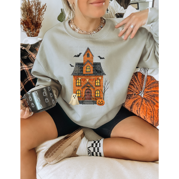 Orange Gable Ghost House "Haunted Homestead" Tee or Sweatshirt – Spooky Season Fall Graphic