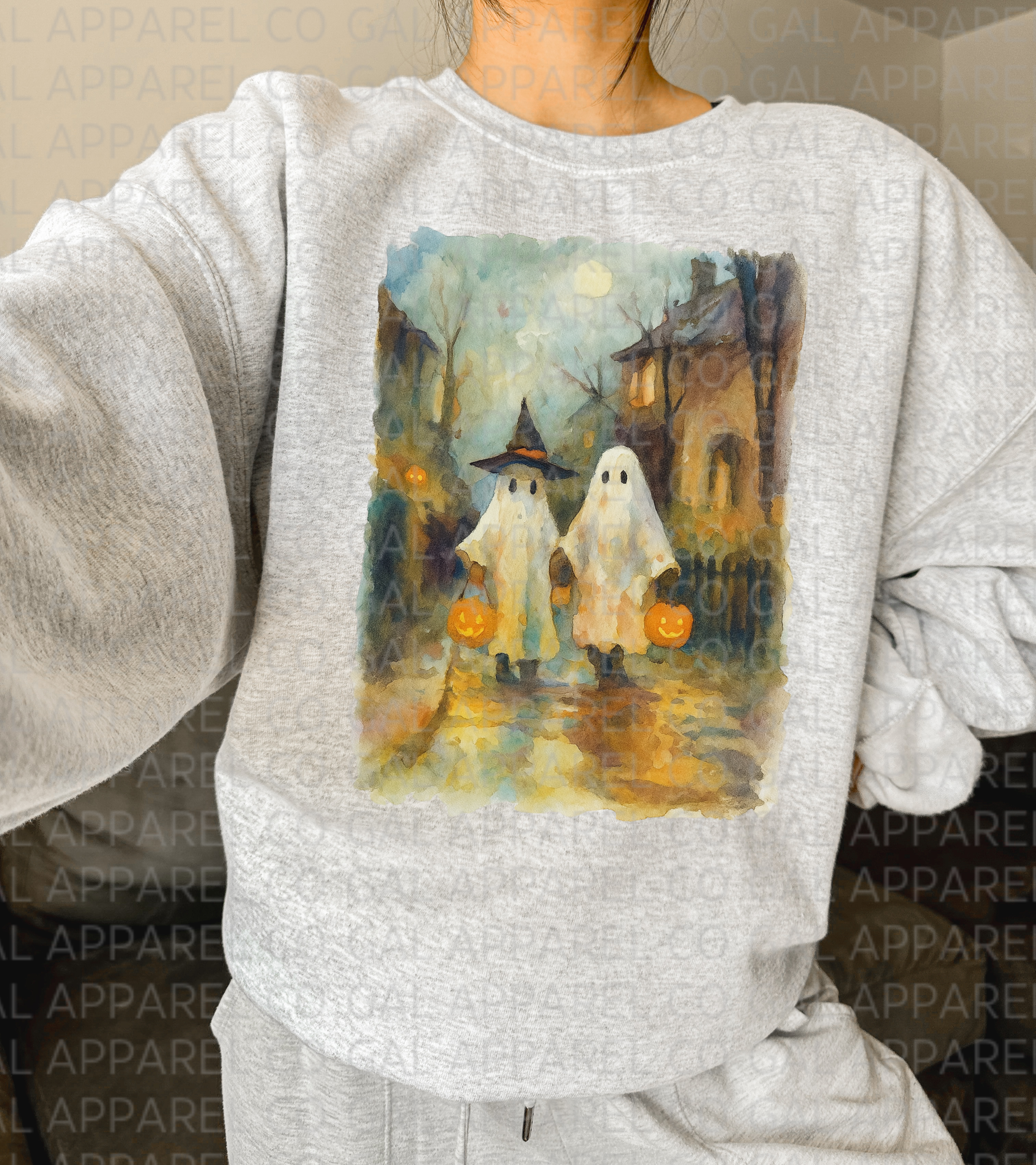 “Little Haunters” Halloween Ghost Tee or Sweatshirt – Vintage Watercolor Trick-or-Treat shirt