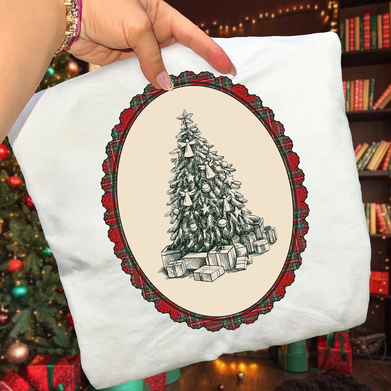 Angel tree plaid frame tee or sweatshirt