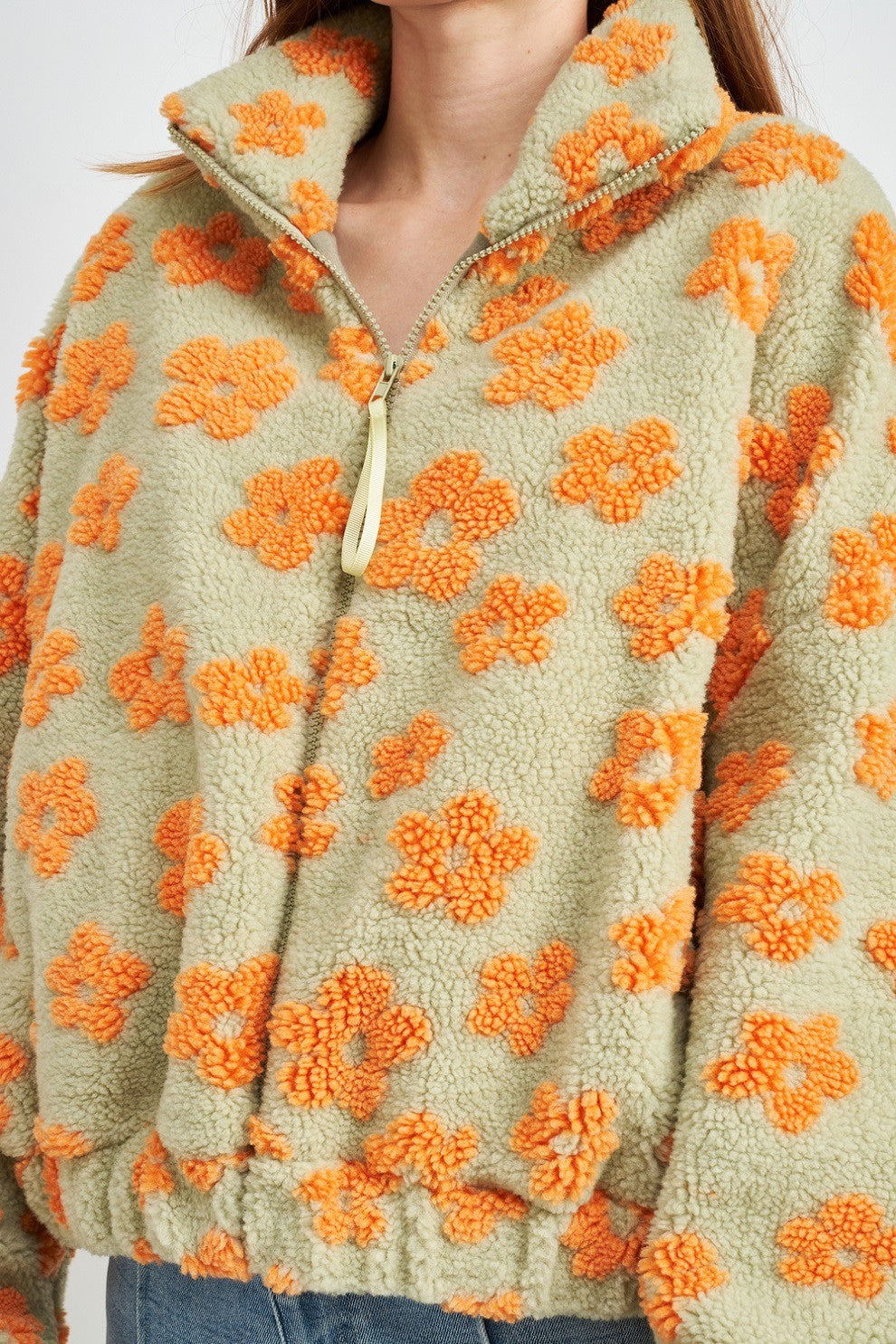 Sage & green daisy print sherpa
