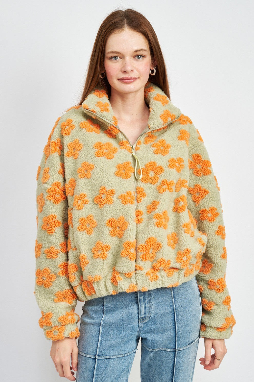 Sage & green daisy print sherpa