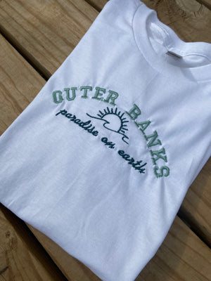 Outer banks paradise on earth white embroidered dark mint & dark green thread