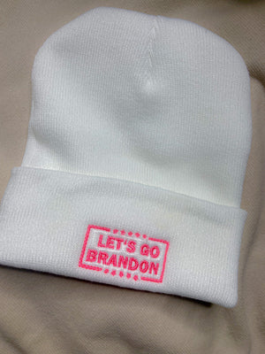 Lets go Brandon white beanie with hot pink thread