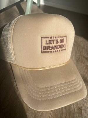 lets go Brandon tan trucker hat with brown thread