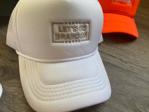 Lets go Brandon white trucker hat with tan thread