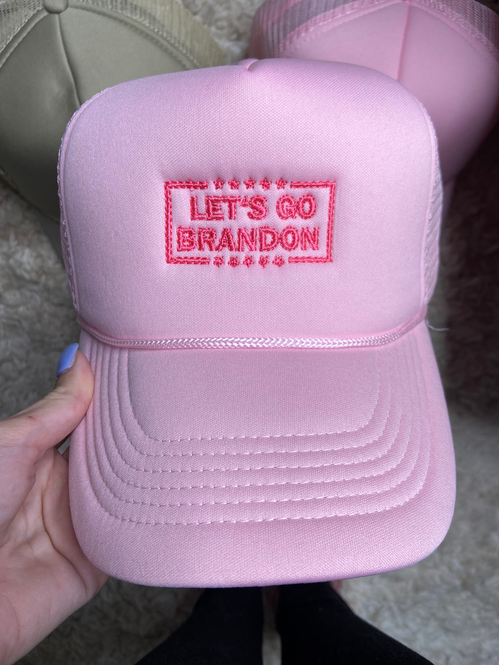 Lets go Brandon light pink trucker hat with hot pink thread