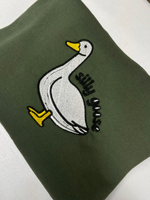 Silly goose embroidery army green sweatshirt