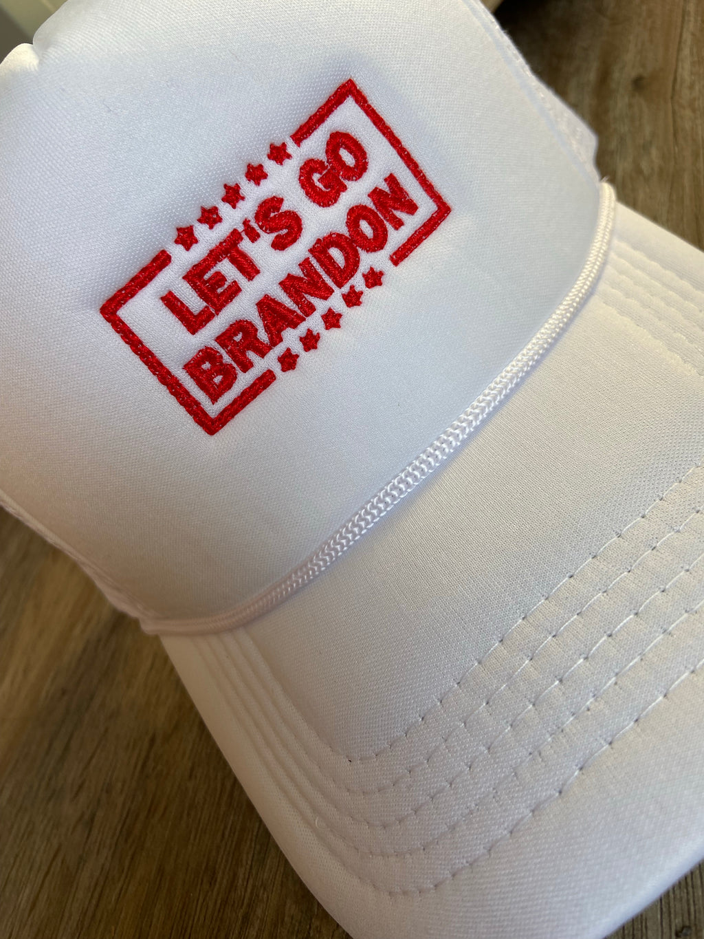 Let’s go Brandon white with red thread trucker hat